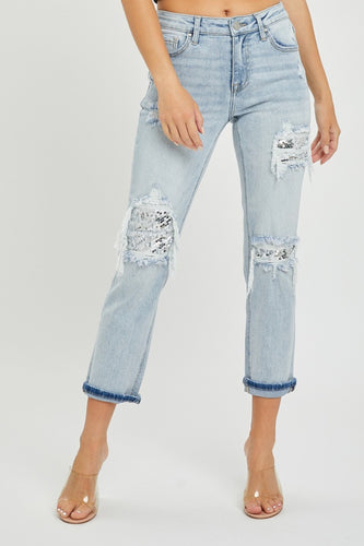 RISEN Mid-Rise Sequin Patched Jeans