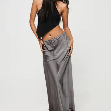 Satin High Waist Drawstring Solid Color Skirt GREY