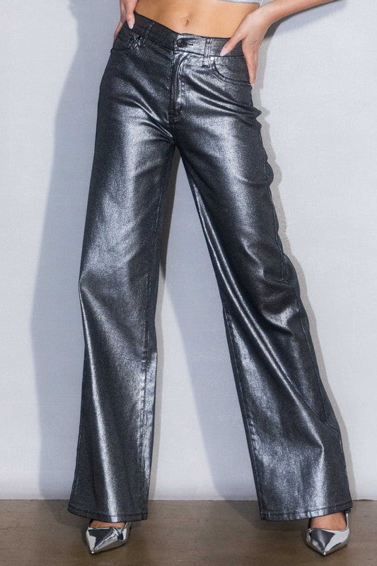Metallic High Rise Wide Jeans
