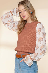 Floral Ruffle Cuff Sleeve Cable Knit Sweater