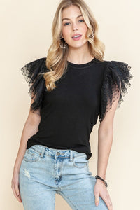 Ribbed ruffle dot lace tulle mesh sleeve top