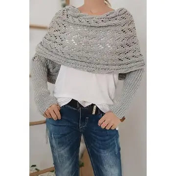 Cross Detail Hollowed Knit Scarf with Sleeves Gray