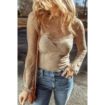 Lace Mesh Crochet Splicing Slim Fit Long Sleeve Blouse Apricot