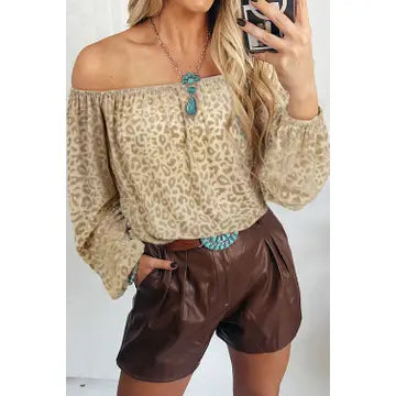Leopard Velvet Off Shoulder Blouse Beige