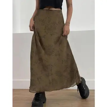 Missy Rose Print Mesh Midi Skirt Brown