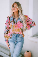 Load image into Gallery viewer, Ruffled Printed Tie Neck Flounce Sleeve Blouse