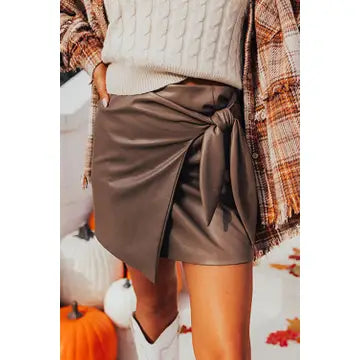 Faux Leather Wrapped Mini Skirt Coffee