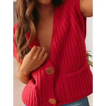 Ldc Solid Textured Knit Side Pockets Buttoned Sweater Vest Fiery Red