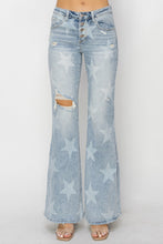 Load image into Gallery viewer, RISEN Mid Rise Button Fly Start Print Flare Jeans
