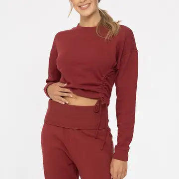 Fleece Side Cinch Crewneck Top RED VELVET