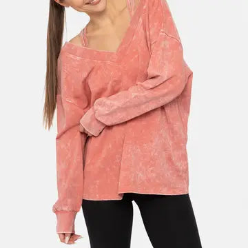 Mineral Wash Cotton Blend Deep V-Neck Long Sleeve RED CLAY