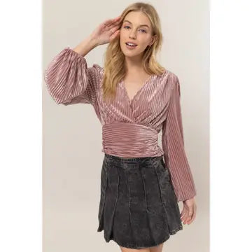 Velvet Striped Surplice Top MAUVE