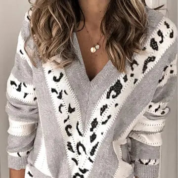 Gray Animal Print Accent V Neck Sweater