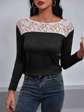 Load image into Gallery viewer, Lace Trim Long Sleeve Round Neck Tee