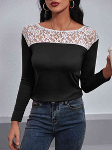 Lace Trim Long Sleeve Round Neck Tee