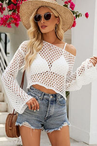 Openwork Round Neck Dropped Shoulder Knit Top