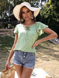 Ruffled Floral Tie Neck Short Sleeve Blouse