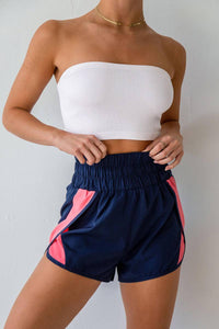 Smocked Elastic Waist Athletic Shorts in Navy & Coral