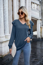 Load image into Gallery viewer, Ruffled Heathered V-Neck Long Sleeve T-Shirt