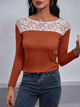 Load image into Gallery viewer, Lace Trim Long Sleeve Round Neck Tee