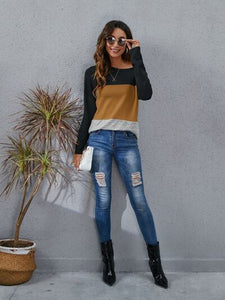 Color Block Round Neck Long Sleeve T-Shirt
