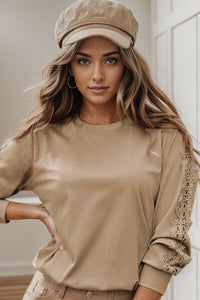 Lace Detail Round Neck Long Sleeve T-Shirt